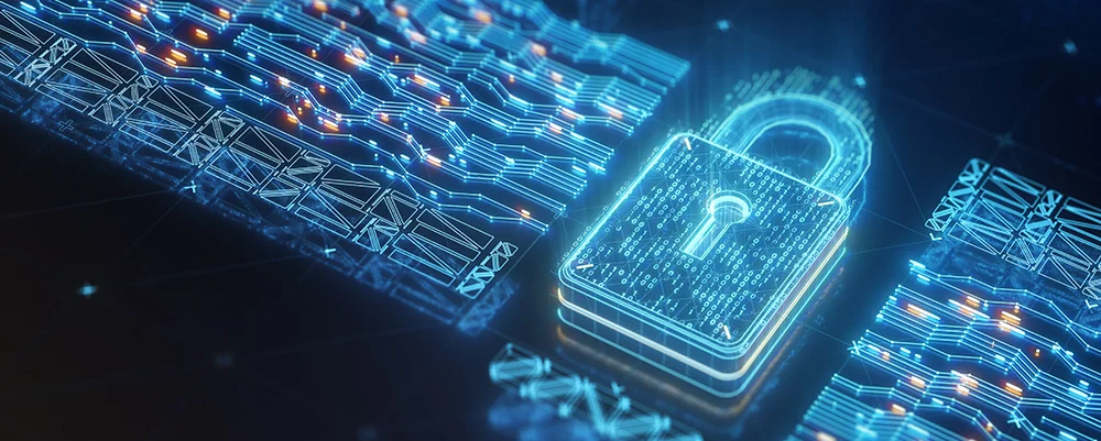 Digitales Sicherheitsvorhängeschloss mit verschlüsseltem Binärcode auf abstrakter Leiterplatte.