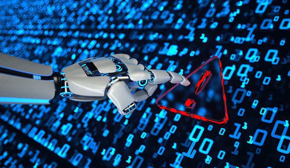 Eine Roboterhand bedient einen Bildschirm, auf dem ein Warnsymbol (Rotes Dreieck mit Ausrufezeichen) zu sehen ist.