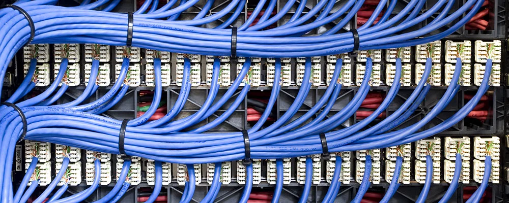 Anschluss Verteiler blaue Kabel - als Symbolbild für Immobilienwirtschaft