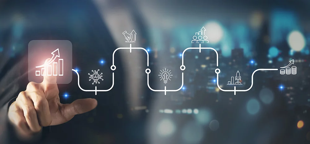 Zukünftiges Wachstum mit KI-gestützter Innovation, Geschäftswachstumskonzept. KI-Einführung für Unternehmen. Die Hand interagiert mit der digitalen Schnittstelle, die Wachstum, Innovation und KI-Investitionen sowie Produktivitätssymbole anzeigt.